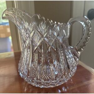 Libbey American Brilliant Cut Glass Pitcher Triple Notched Handle Signed